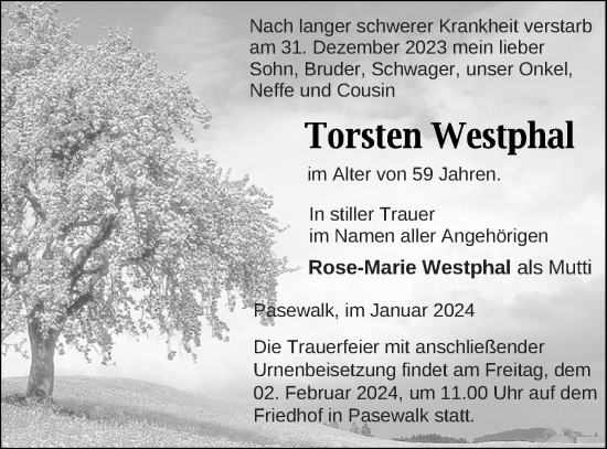 Traueranzeige von Torsten Westphal von Pasewalker Zeitung