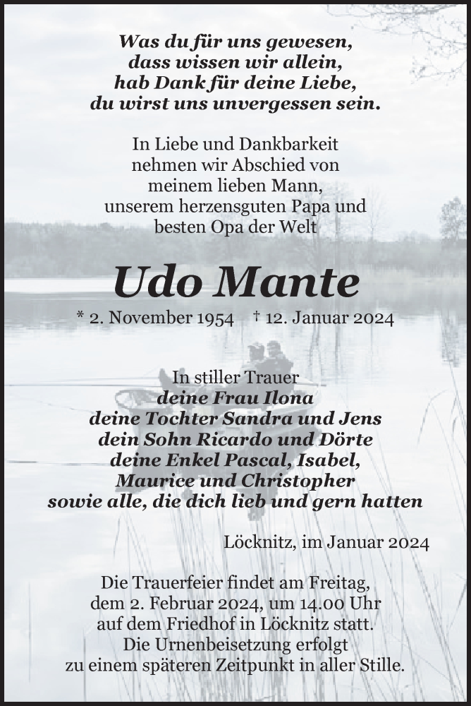  Traueranzeige für Udo Mante vom 17.01.2024 aus Pasewalker Zeitung