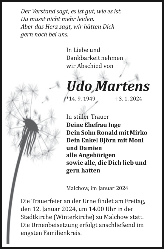 Traueranzeige von Udo Martens von Müritz-Zeitung