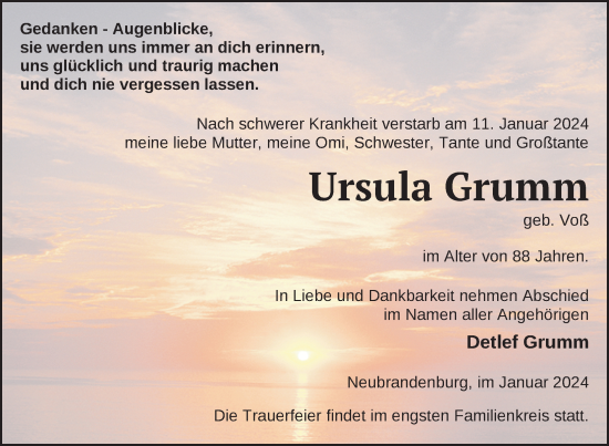 Traueranzeige von Ursula Grumm von Neubrandenburger Zeitung