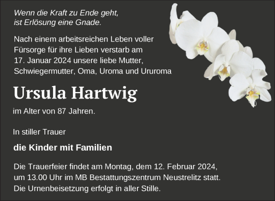 Traueranzeige von Ursula Hartwig von Nordkurier Strelitzer Zeitung