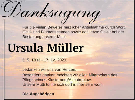 Traueranzeige von Ursula Müller von Neubrandenburger Zeitung