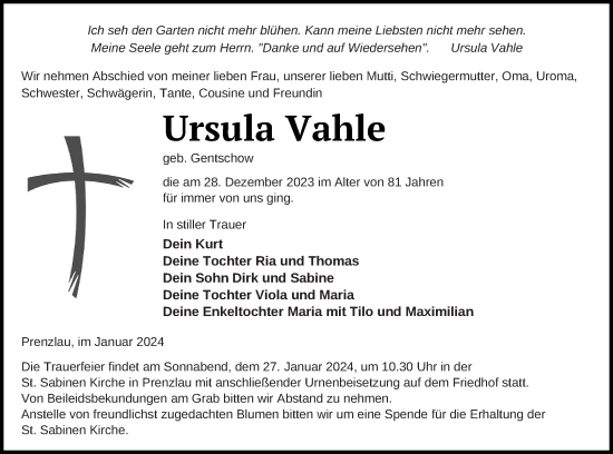 Traueranzeige von Ursula Vahle von Prenzlauer Zeitung