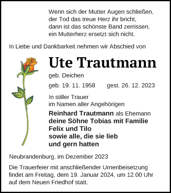 Traueranzeige von Ute Trautmann von Neubrandenburger Zeitung