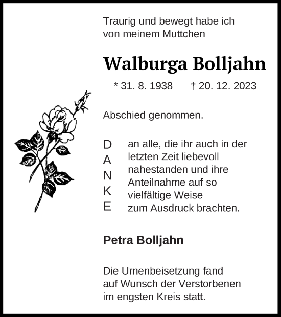 Traueranzeige von Walburga Bolljahn von Haff-Zeitung