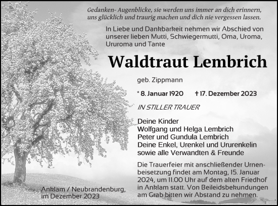Traueranzeige von Waldtraut Lembrich von Vorpommern Kurier