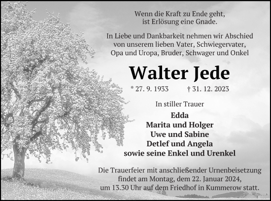 Traueranzeige von Walter Jede von Mecklenburger Schweiz