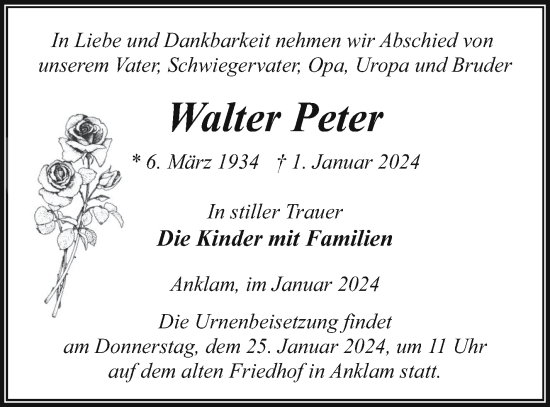 Traueranzeige von Walter Peter von Vorpommern Kurier