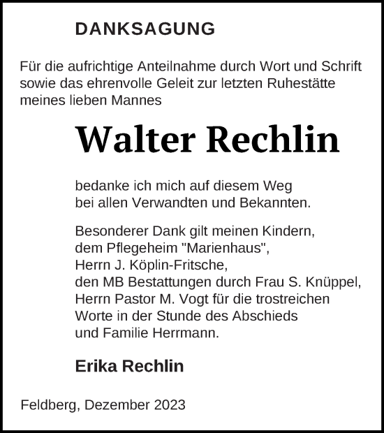 Traueranzeige von Walter Rechlin von Strelitzer Zeitung