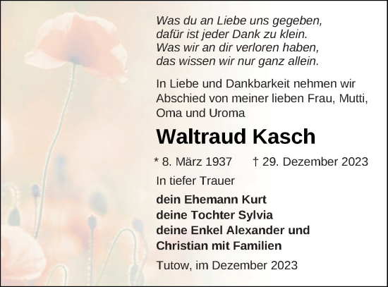 Traueranzeige von Waltraud Kasch von Vorpommern Kurier
