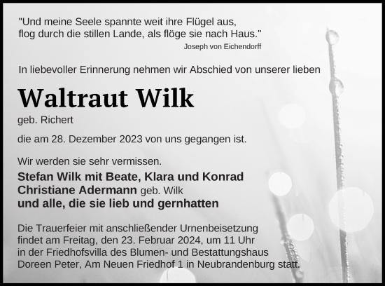 Traueranzeige von Waltraut Wilk von Müritz-Zeitung