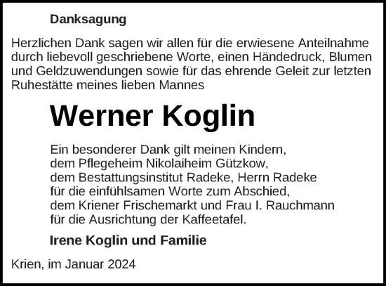Traueranzeige von Werner Koglin von Vorpommern Kurier