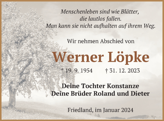 Traueranzeige von Werner Löpke von Neubrandenburger Zeitung
