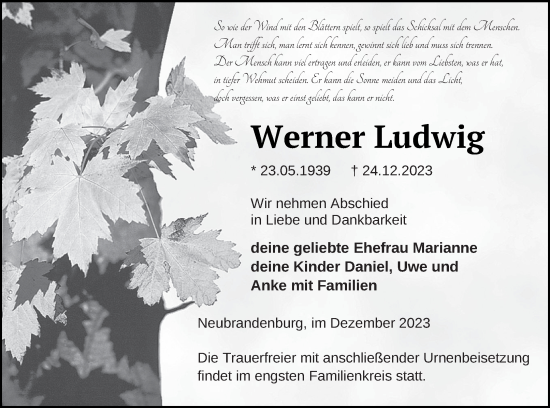 Traueranzeige von Werner Ludwig von Neubrandenburger Zeitung