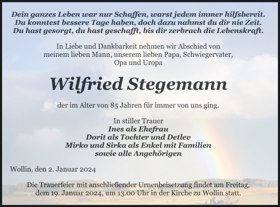 Traueranzeige von Wilfried Stegemann von Pasewalker Zeitung