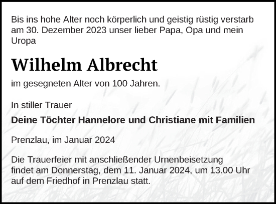 Traueranzeige von Wilhelm Albrecht von Prenzlauer Zeitung