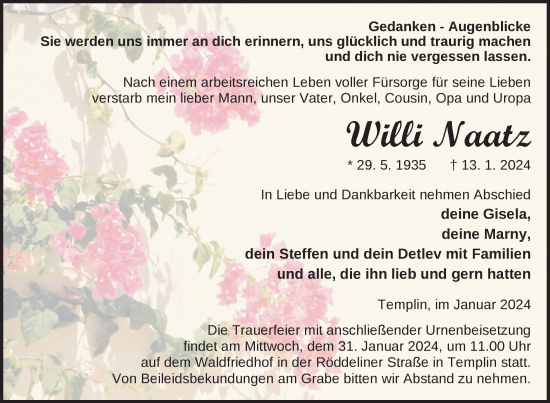 Traueranzeige von Willi Naatz von Uckermark Kombination / Templiner Zeitung