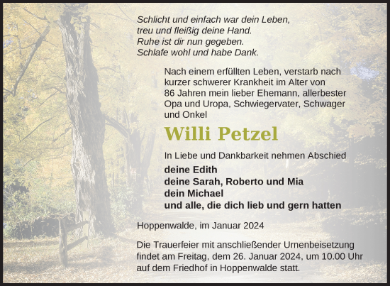 Traueranzeige von Willi Petzel von Haff-Zeitung