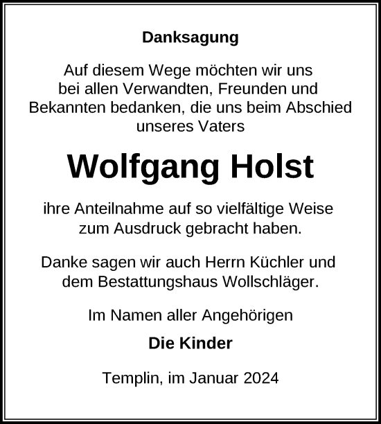 Traueranzeige von Wolfgang Holst von Uckermark Kombination