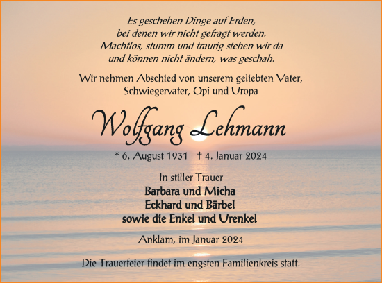 Traueranzeige von Wolfgang Lehmann von Vorpommern Kurier