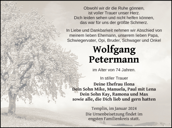 Traueranzeige von Wolfgang Petermann von Templiner Zeitung