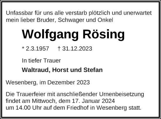 Traueranzeige von Wolfgang Rösing von Strelitzer Zeitung