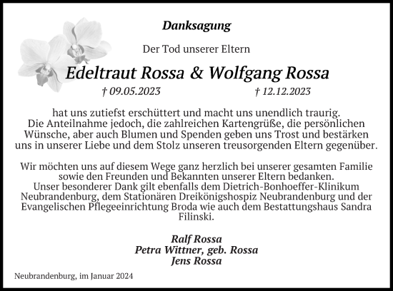 Traueranzeige von Wolfgang Rossa von Mecklenburger Schweiz