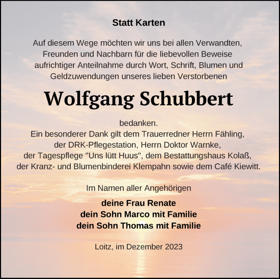 Traueranzeige von Wolfgang Schubbert von Vorpommern Kurier