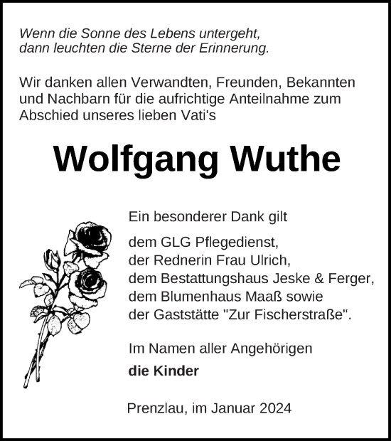 Traueranzeige von Wolfgang Wuthe von Prenzlauer Zeitung