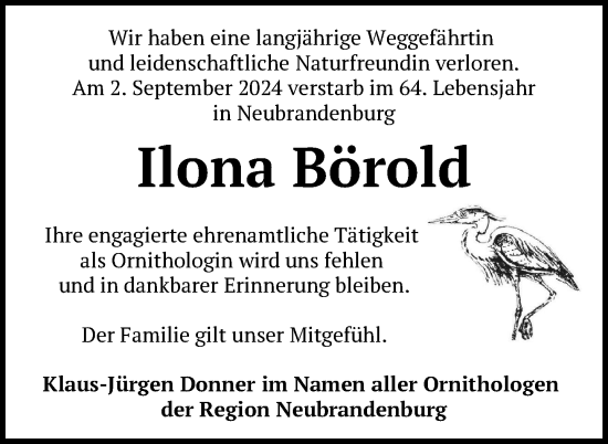 Traueranzeige von Ilona Börold von Nordkurier Neubrandenburger Zeitung