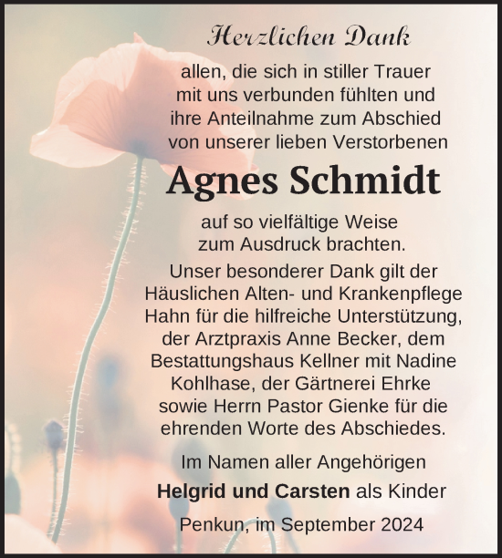 Traueranzeige von Agnes Schmidt von Nordkurier Pasewalker Zeitung