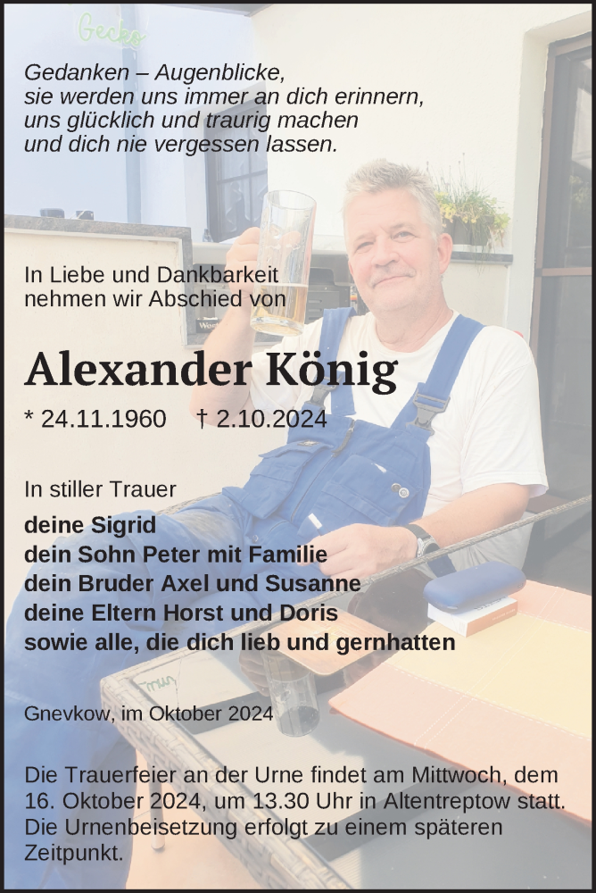  Traueranzeige für Alexander König vom 09.10.2024 aus Nordkurier Neubrandenburger Zeitung