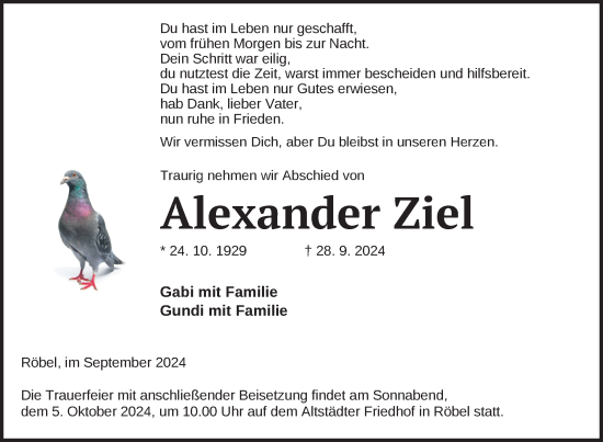 Traueranzeige von Alexander Ziel von Nordkurier Müritz-Zeitung