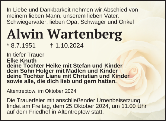 Traueranzeige von Alwin Wartenberg von Nordkurier Neubrandenburger Zeitung