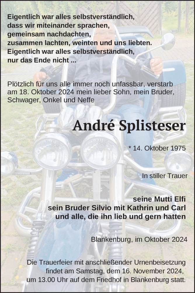  Traueranzeige für Andre Splisteser vom 25.10.2024 aus Uckermark Kurier Prenzlauer Zeitung