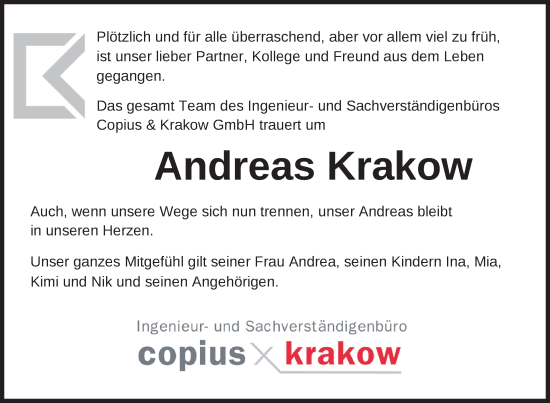 Traueranzeige von Andreas Krakow von Hagenower Kreisblatt