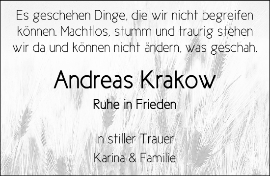 Traueranzeige von Andreas Krakow von Hagenower Kreisblatt