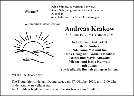 Traueranzeige von Andreas Krakow von Hagenower Kreisblatt