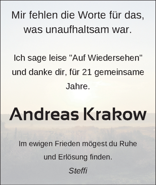 Traueranzeige von Andreas Krakow von Hagenower Kreisblatt