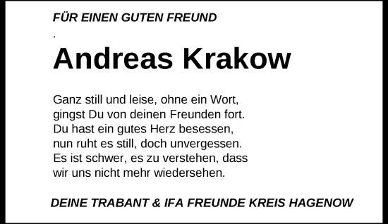 Traueranzeige von Andreas Krakow von Hagenower Kreisblatt