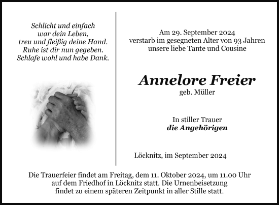 Traueranzeige von Annelore Freier von Nordkurier Pasewalker Zeitung