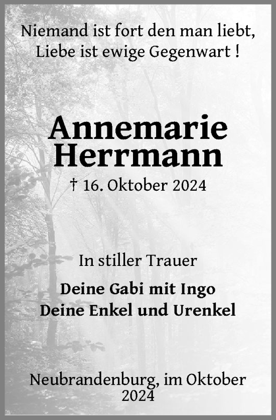 Traueranzeige von Annemarie Herrmann von Nordkurier Neubrandenburger Zeitung