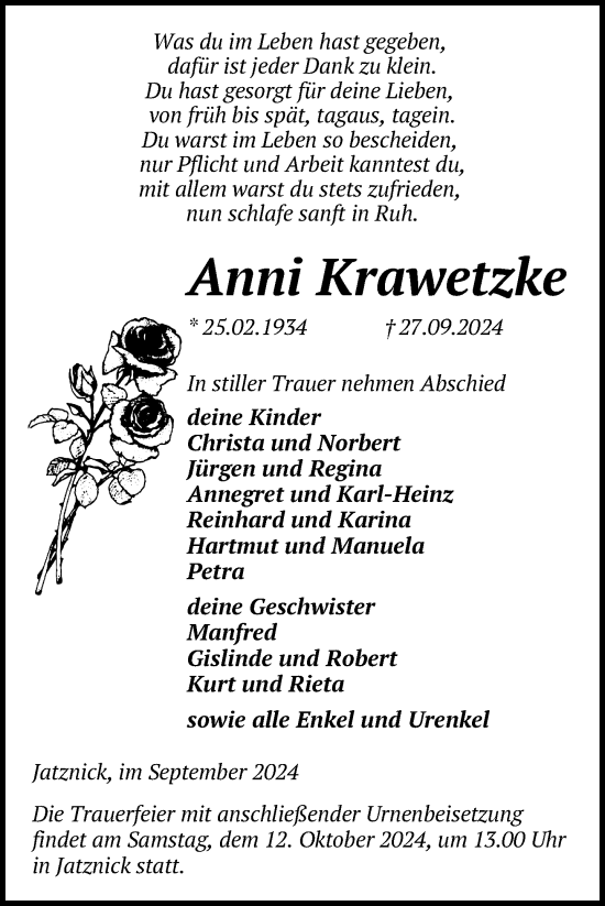 Traueranzeige von Anni Krawetzke von Nordkurier Pasewalker Zeitung