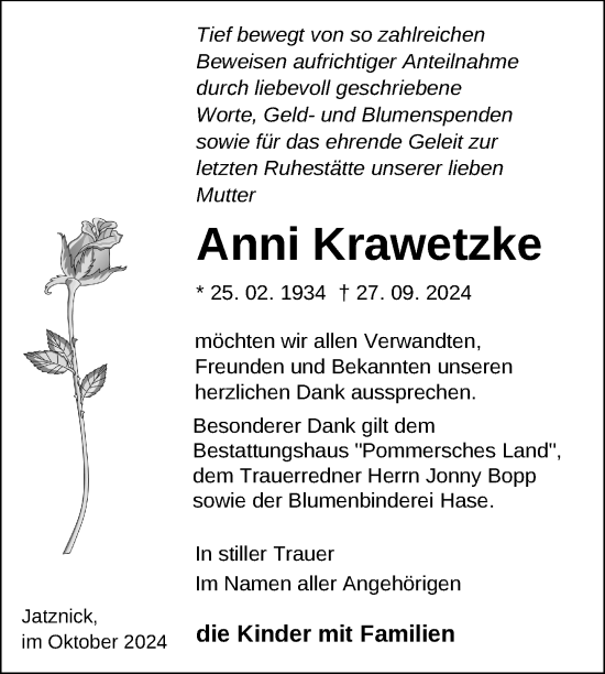 Traueranzeige von Anni Krawetzke von Nordkurier Pasewalker Zeitung