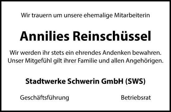 Traueranzeige von Annilies Reinschüssel von Zeitung für die Landeshauptstadt