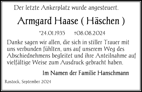 Traueranzeige von Armgard Haase von Norddeutsche Neueste Nachrichten