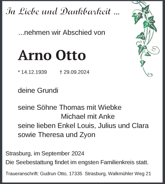 Traueranzeige von Arno Otto von Uckermark Kurier Templiner Zeitung