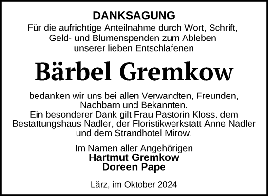 Traueranzeige von Bärbel Gremkow von Nordkurier Strelitzer Zeitung