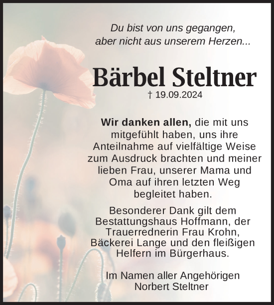 Traueranzeige von Bärbel Steltner von Nordkurier Neubrandenburger Zeitung