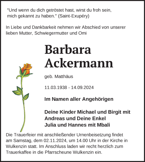 Traueranzeige von Barbara Ackermann von Nordkurier Neubrandenburger Zeitung